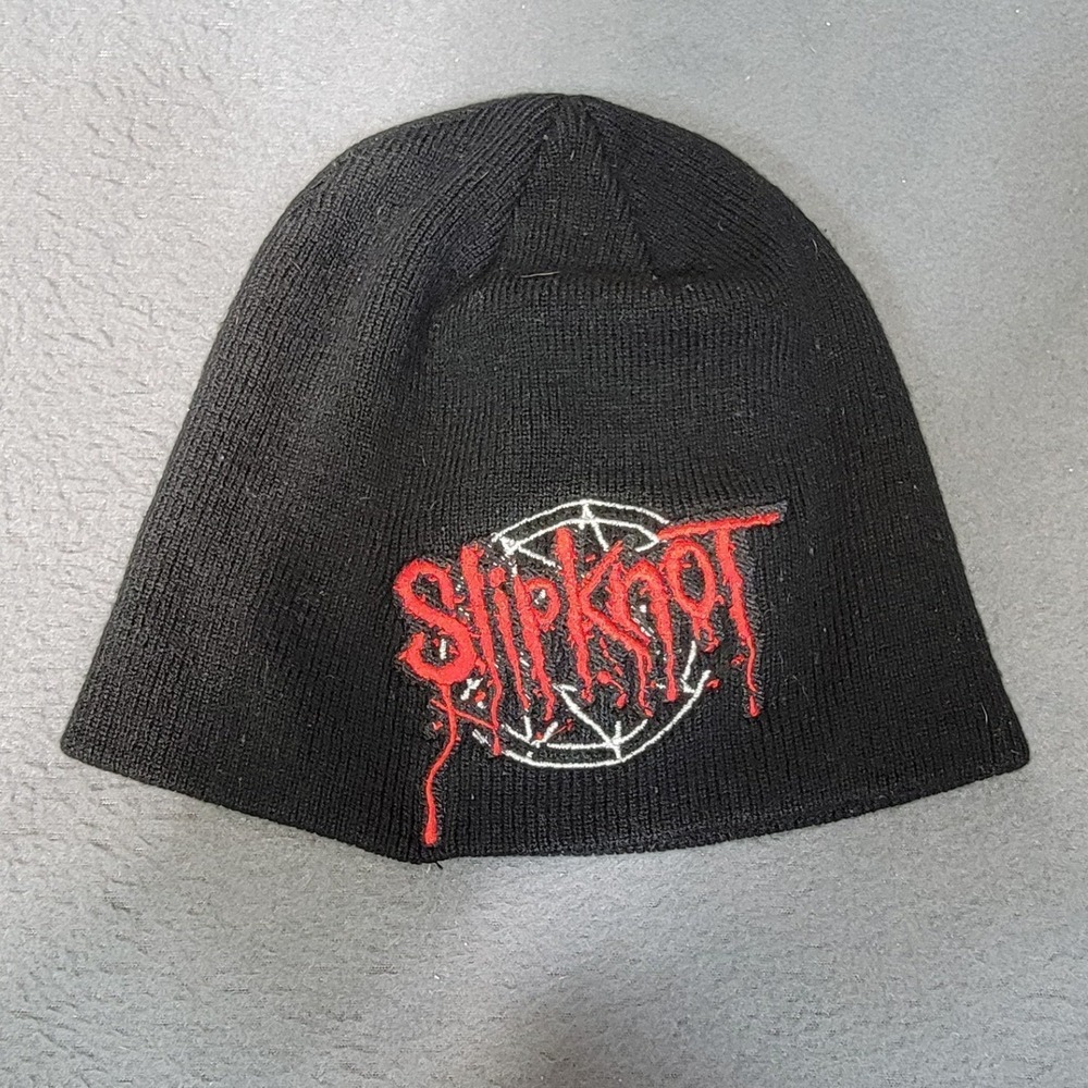 Y2K 2009 Slipknot Beanie Black Knit  Red Drip Logo Pentagram Concert Merch